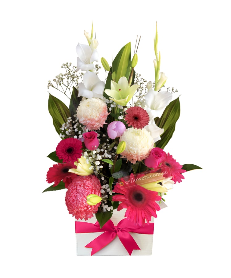 Happy Time Fresh Bouquet - White Box Pink Ribbon - Floral design