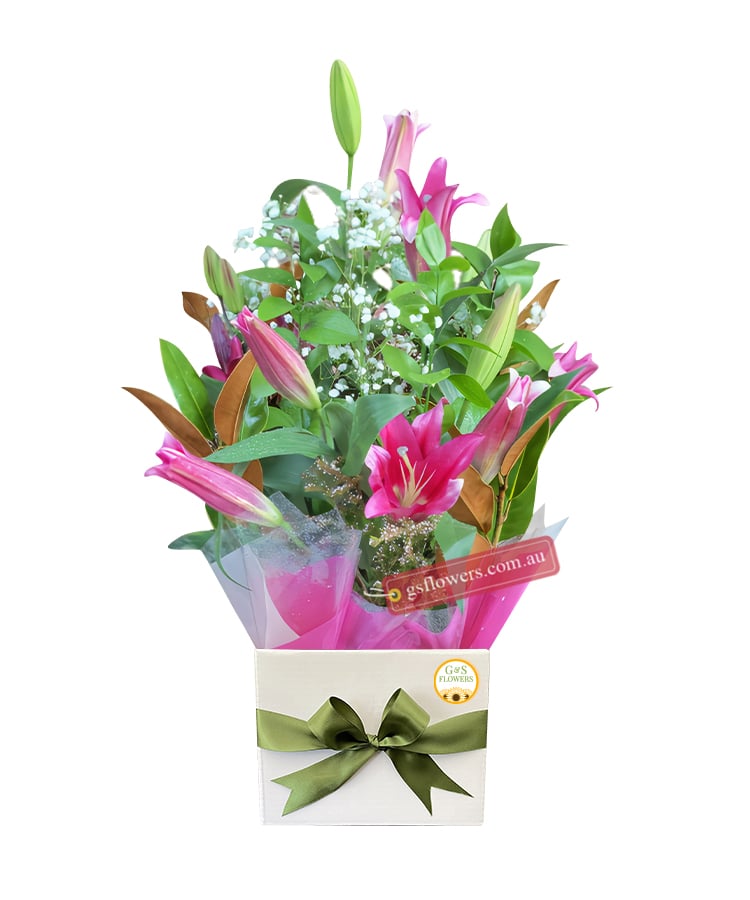 Pink Beautiful Fresh Flower Bouquet - White Box Green Ribbon - Floral design