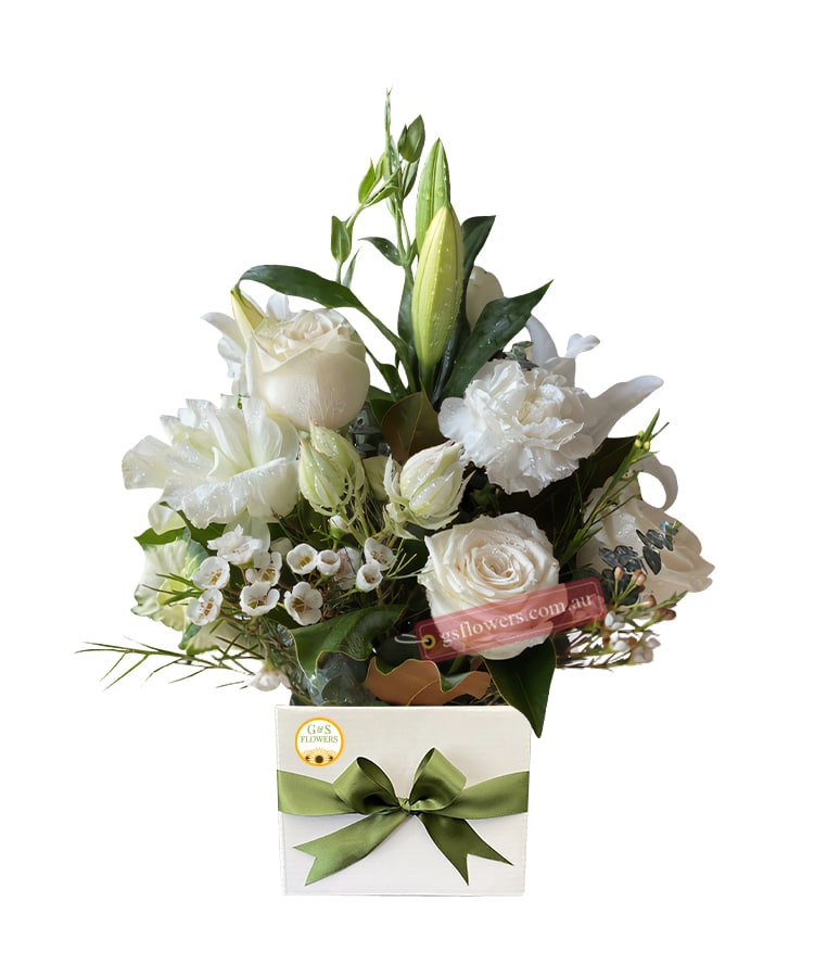 Tender White Fresh Flower Bouquet - White Box Green Ribbon - Floral design