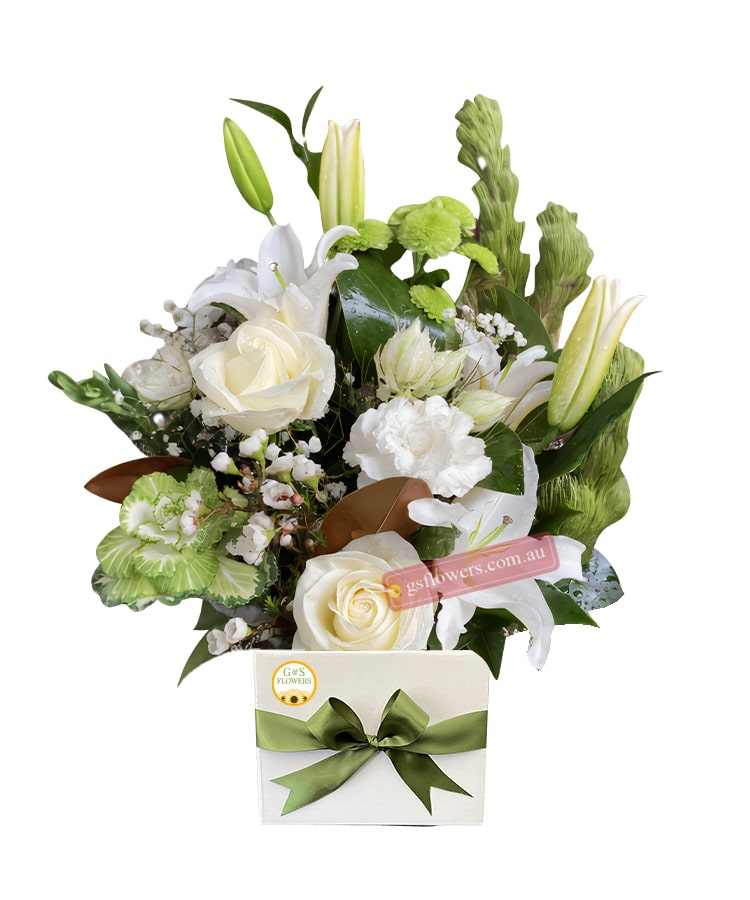 Roses and Lilies Flowers - White Box Green Ribbon - Floral design
