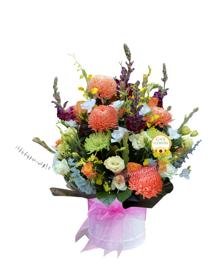 Colour of The Rainbow Bouquet - White Box Pink Ribbon - Floral design