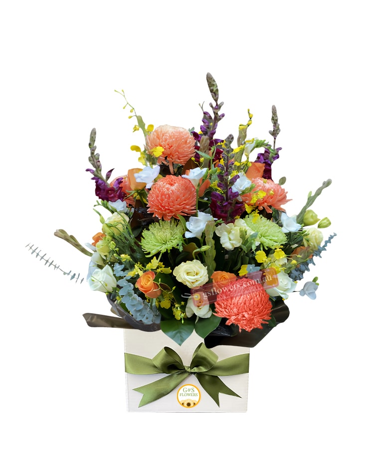 Golden Day Flowers Bouquet - White Box Green Ribbon - Floral design