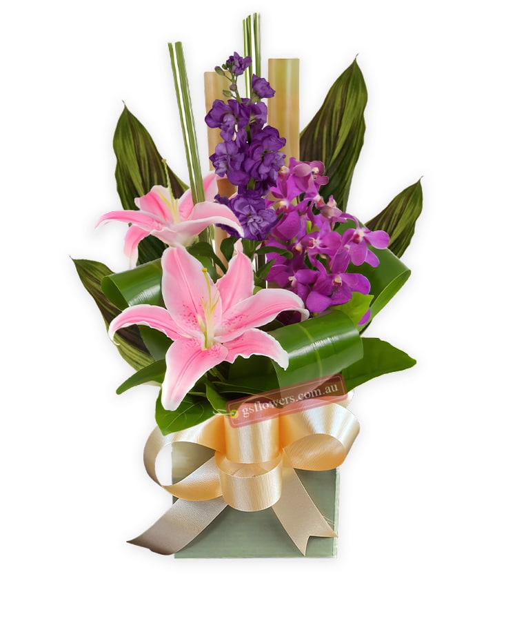 Modern Love Fresh Flower Mixed Arrangement - Cream Box Gold Ribbon - Floral design