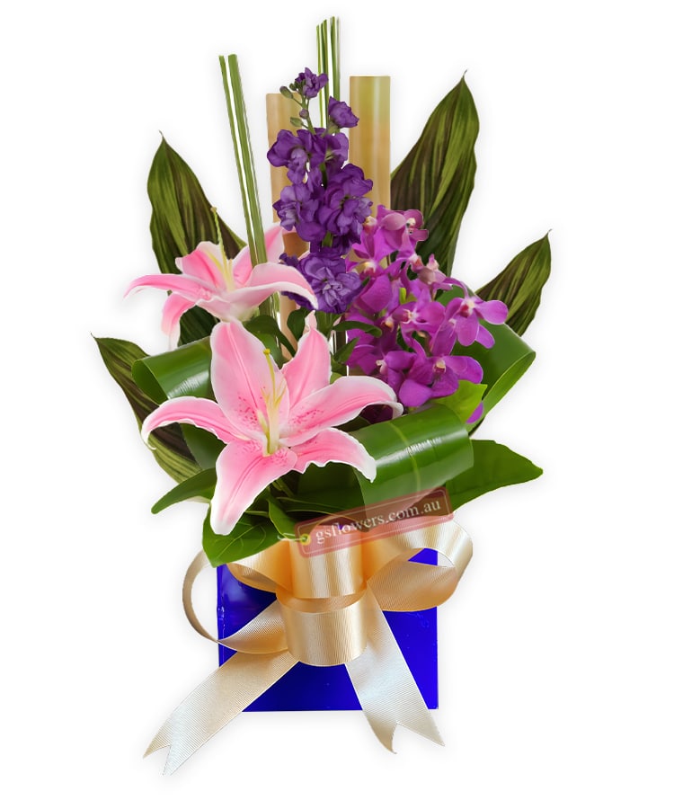 Modern Love Fresh Flower Mixed Arrangement - Blue Box Gold Ribbon - Floral design