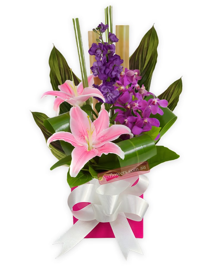 Modern Love Fresh Flower Mixed Arrangement - Pink Box Gold Ribbon - Floral design