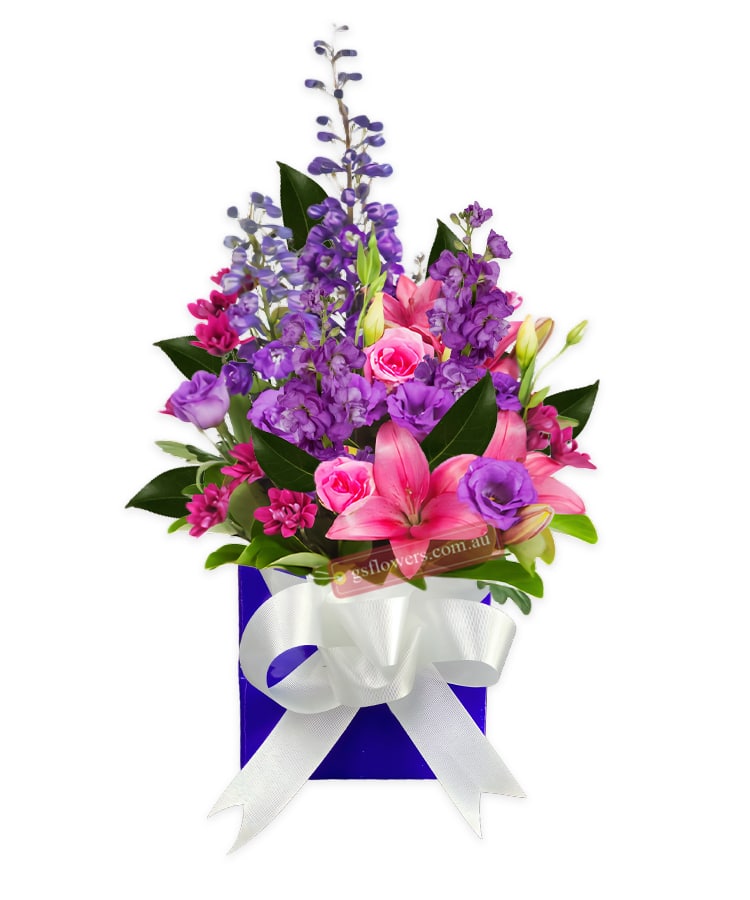Royal Allure Fresh Mixed Flowers Bouquet - Blue Box White Ribbon - Floral design