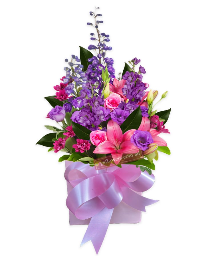 Royal Allure Fresh Mixed Flowers Bouquet - Cream Box Pink Ribbon - Floral design