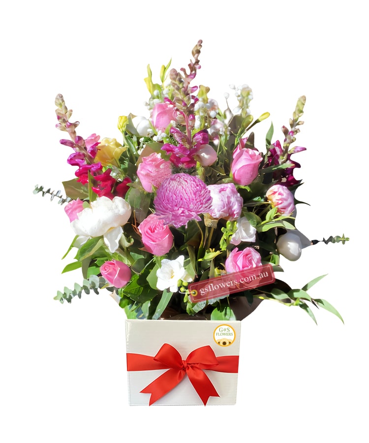 Full of Wishes Fresh Flower Bouquet - White Box Red Ribbon - Floral design