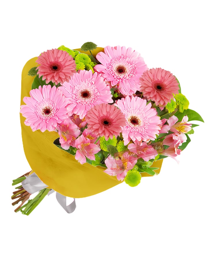 Pretty In Pink Fresh Flowers Bouquet - Yellow Wrap Paper - Floral design