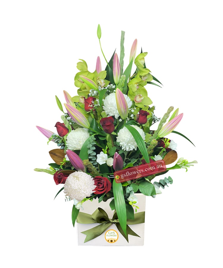Graceful Tribute Sympathy Flowers Bouquet - White Box Green Ribbon - Floral design