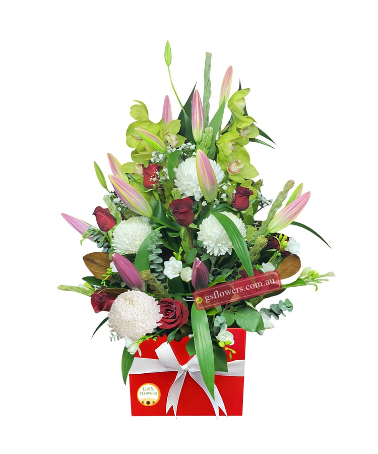 Graceful Tribute Sympathy Flowers Bouquet - Red Box White Ribbon - Floral design