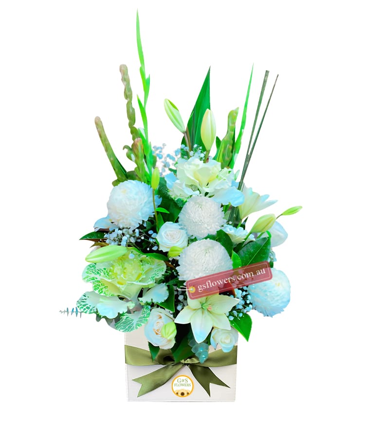 Serenity Fresh Flowers Bouquet - White Box Green Ribbon - Floral design