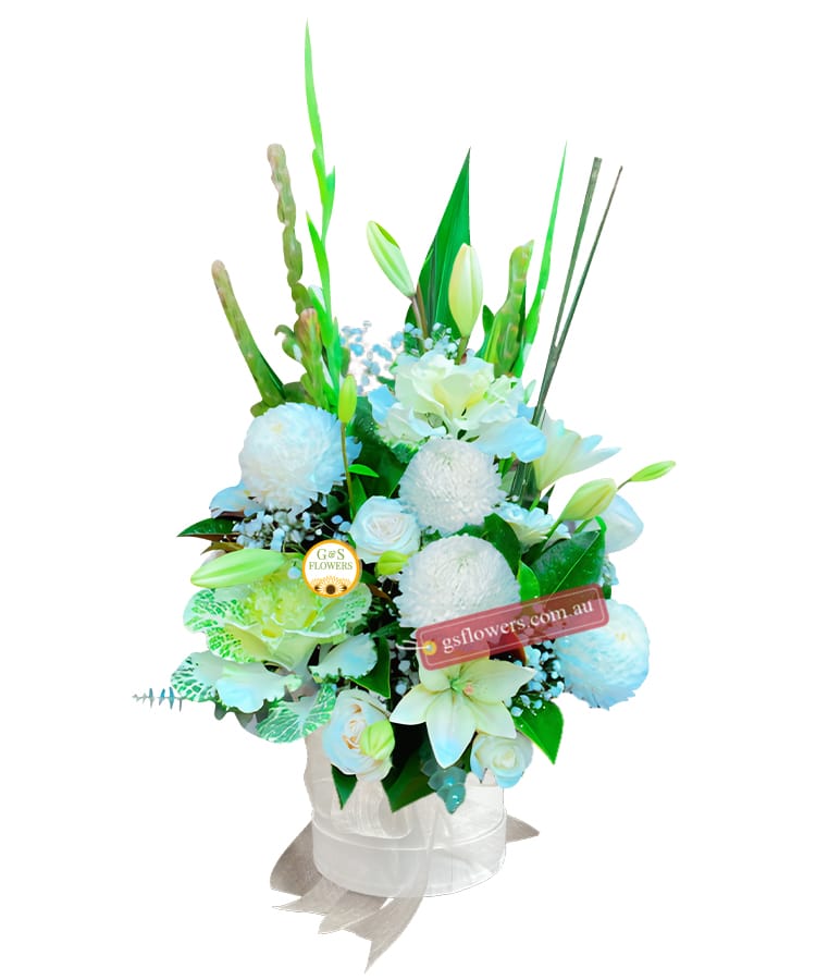 Serenity Fresh Flowers Bouquet - Round Box White Ribbon - Floral design