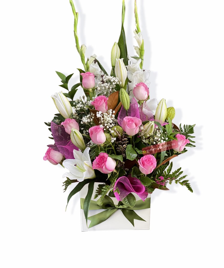 Loving Farewell Sympathy Flowers - White Box Green Ribbon - Floral design