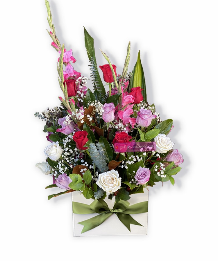 Sincere Condolences Sympathy Flowers - White Box Green Ribbon - Floral design