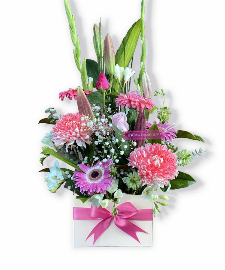 Sweet Farewell Sympathy Flowers - White Box Pink Ribbon - Floral design