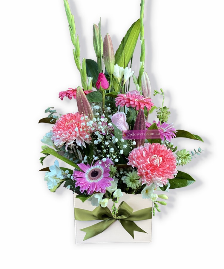 Vibrant Beauty Fresh Flowers - White Box Green Ribbon - Floral design