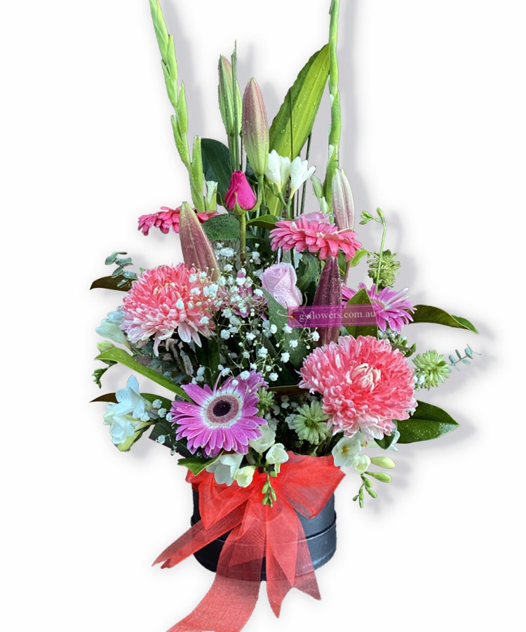 Vibrant Beauty Fresh Flowers - Black Box Red Ribbon - Floral design