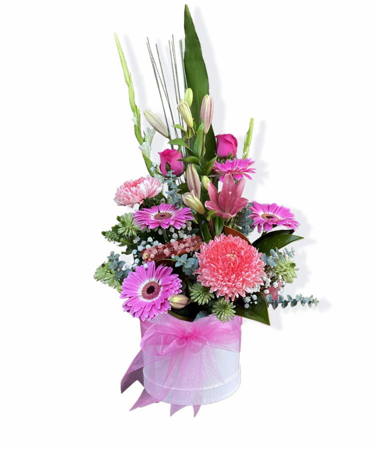Bright and Shine Fresh Flowers - Round Box Pink Ribbon - Floral design
