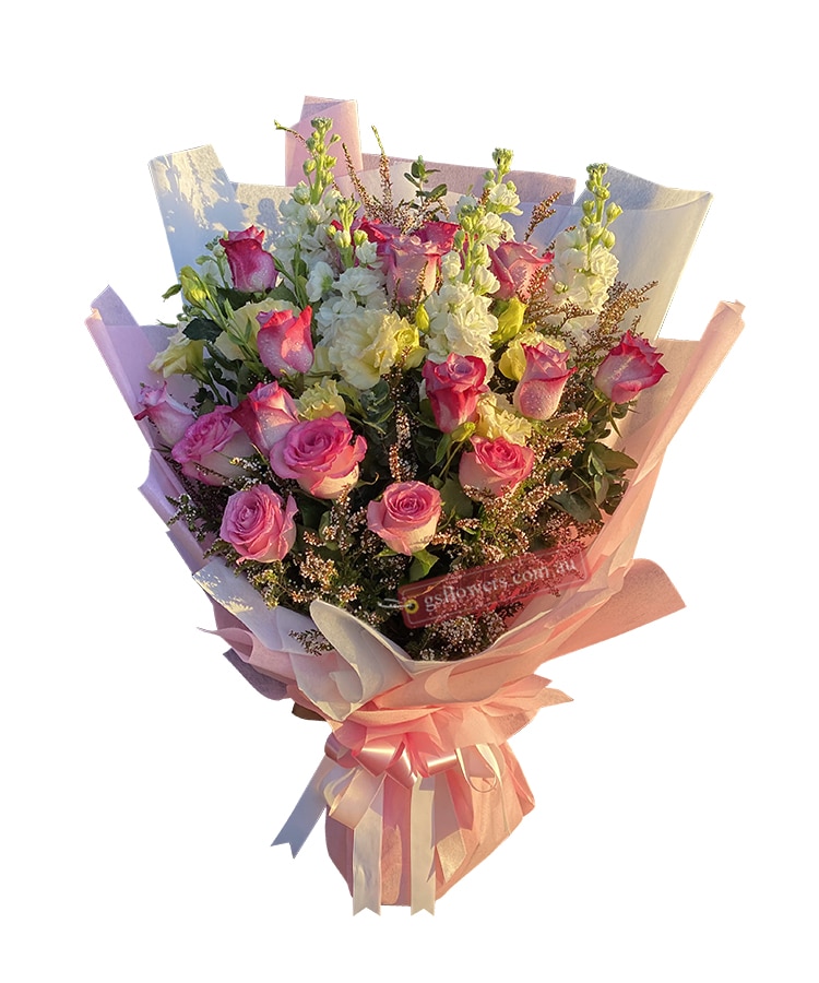 Colour Me Cute Fresh Flower Bouquet - Pink Wrap Pink Ribbon - Floral design