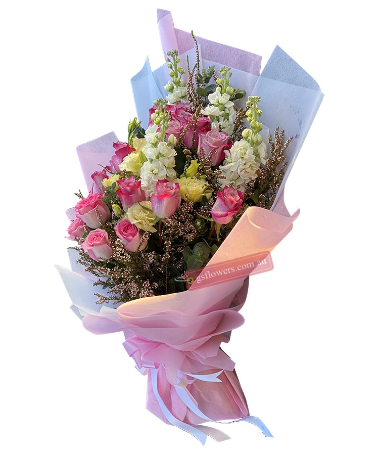 Celebration Baby Flowers Bouquet - Pink Wrap Hot Pink Ribbon - Floral design