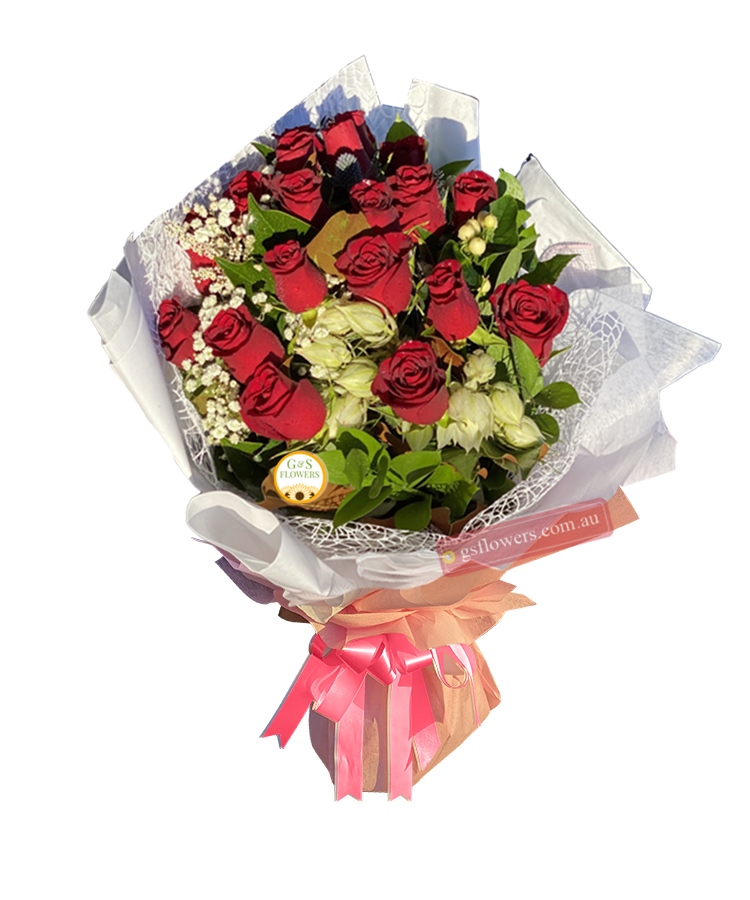 16 Red Roses Collection Bouquet - Wrap Pink Ribbon - Floral design