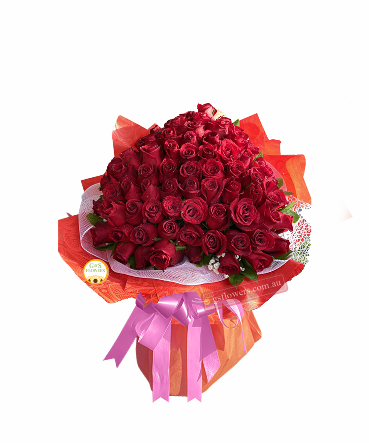 70 Red Roses Are Beautiful - Wrap & Pink Ribbon - Floral design