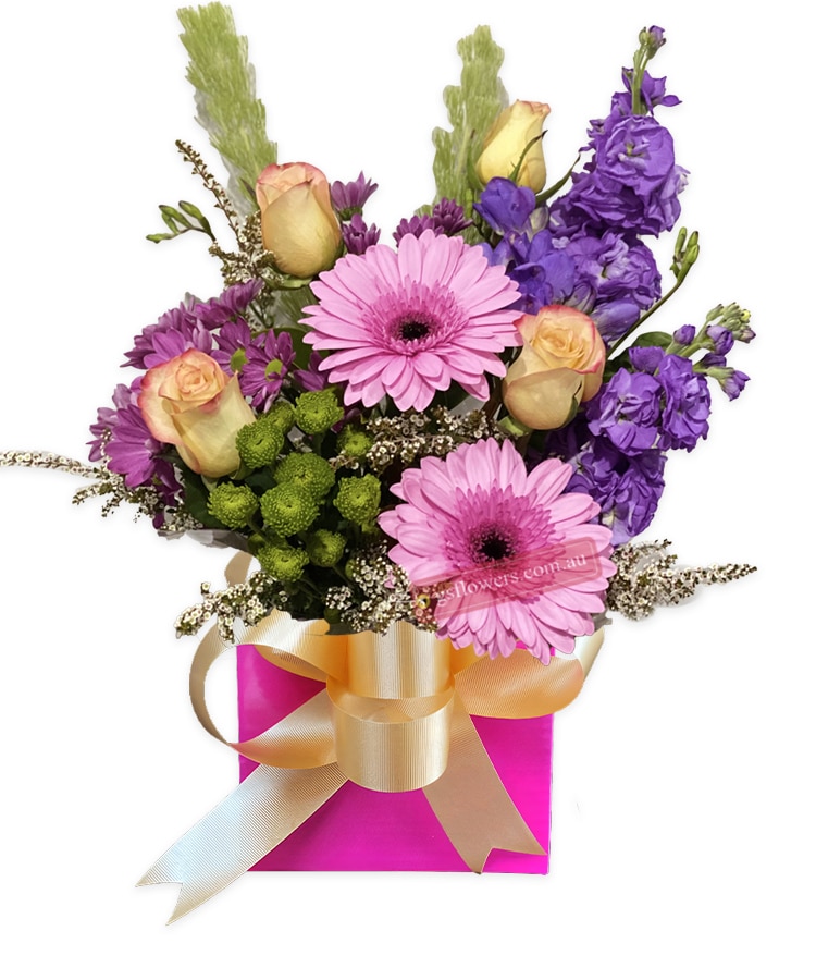 Sweet and Bright Fresh Mixed Flowers - Pink Box Gold Ribbon - Floral design