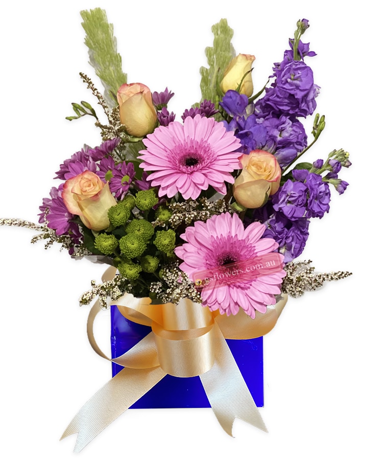 Sweet and Bright Fresh Mixed Flowers - Blue Box Gold Ribbon - Floral design