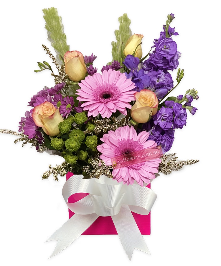 Always A Lady Mixed Arrangment Flowers - Pink Box White Ribbon - Floral design