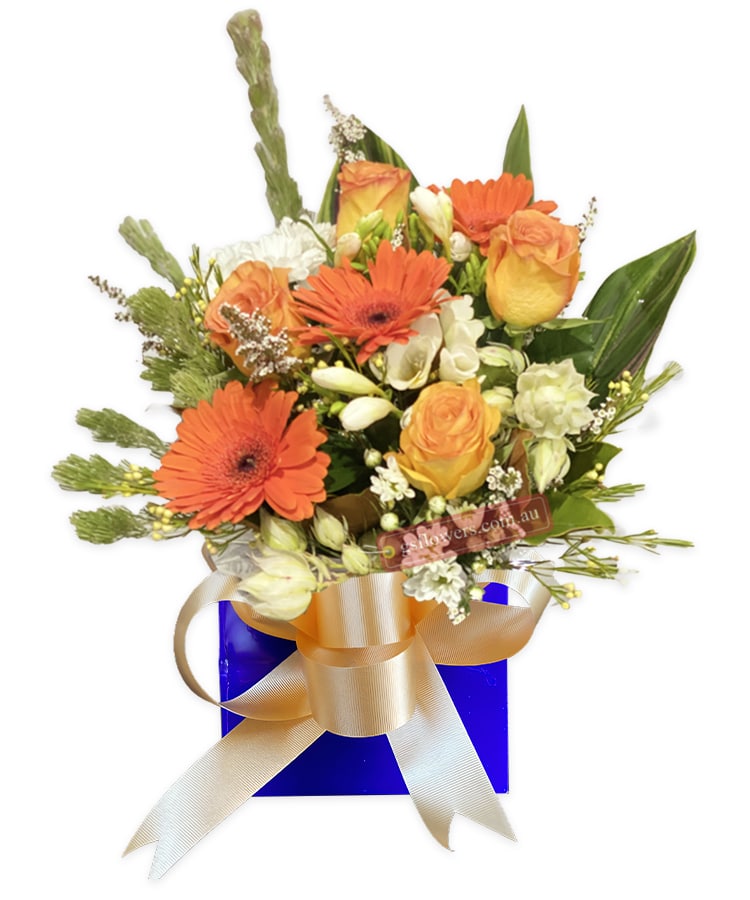Be Happy Fresh Mixed Bouquet - Blue Box Gold Ribbon - Floral design