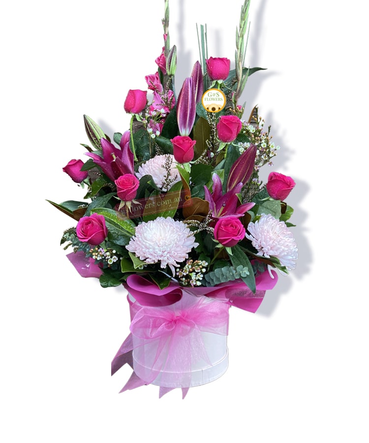 Colour Me Rosy Flowers - White Box Pink Ribbon - Floral design