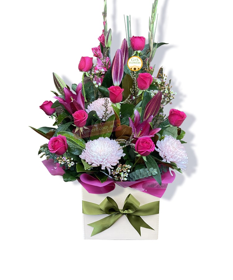 Colour Me Rosy Flowers - White Box Green Ribbon - Floral design
