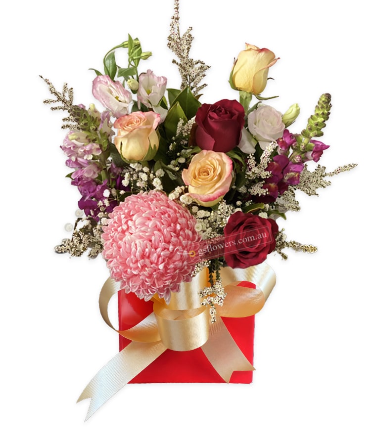 The Juliet Fresh Mixed Flowers - Reb Box Gold Ribbon - Floral design