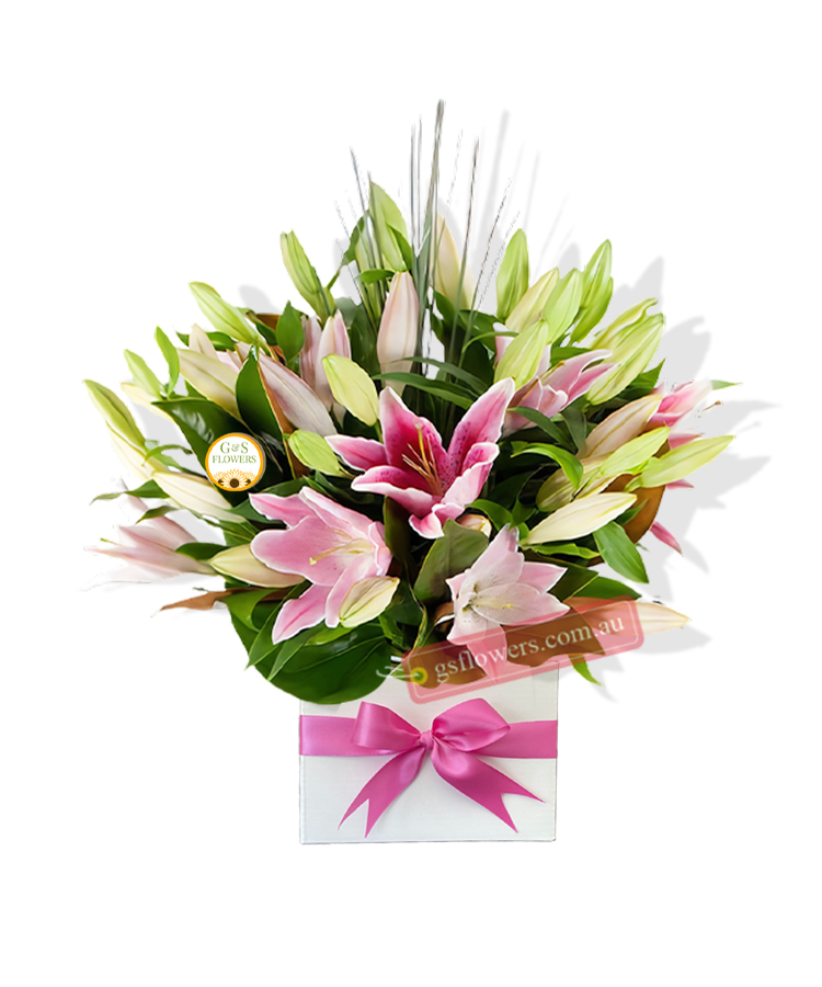 Just Lily Fresh Flowers - Square Box Pink Ribbon - Floral design