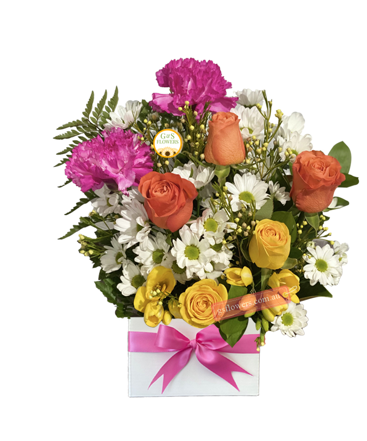 Garden Romance Fresh Flowers - Square Box Pink Ribbon - Flower