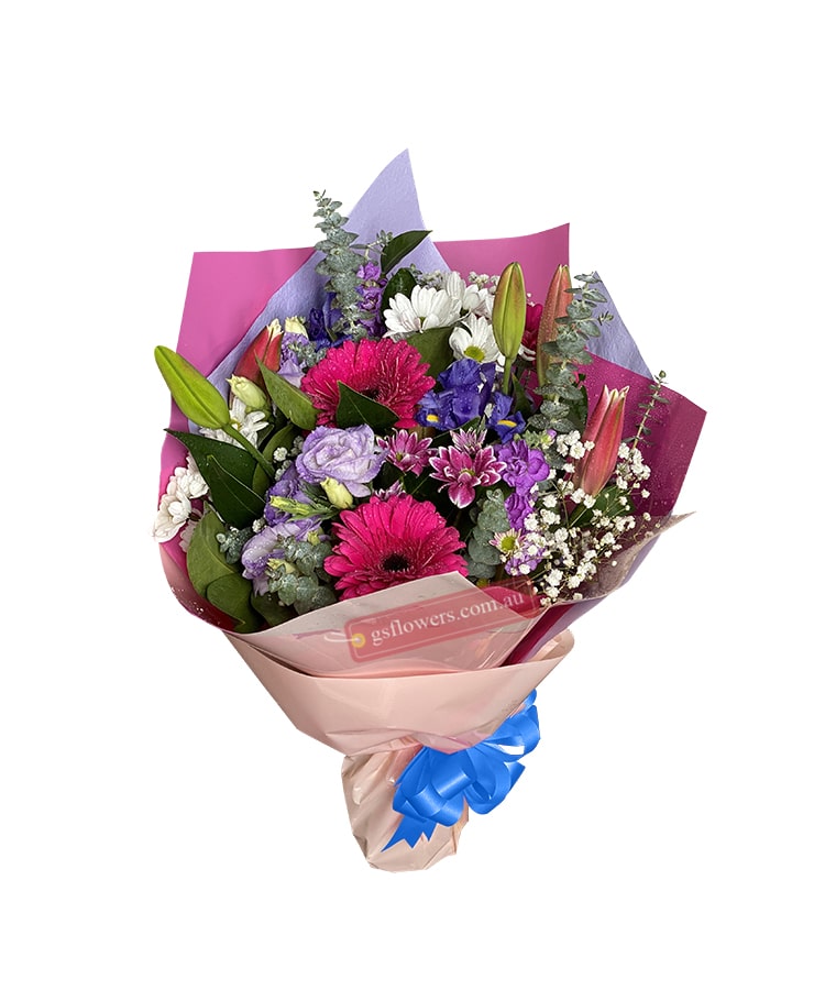 Bunch of Colour Fresh Flower Bouquet - Wrapped Blue Ribbon - Floral design