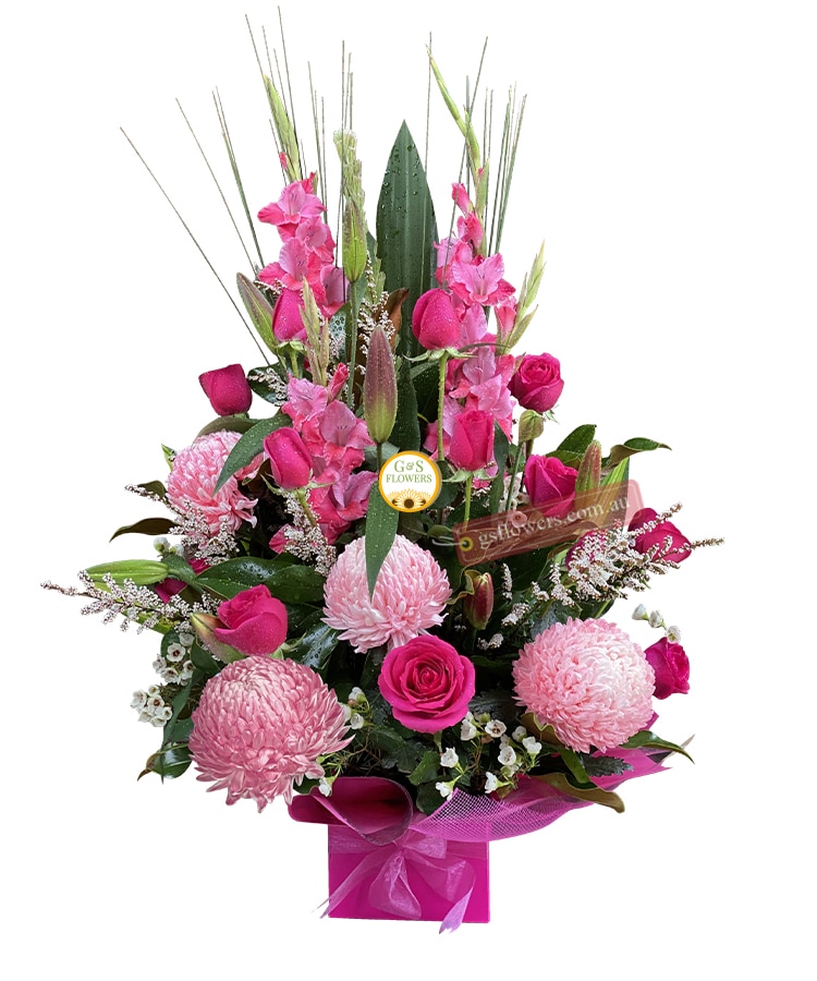 A Perfect Pink Fresh Flower Bouquet - Pink Box Pink Ribbon - Flower bouquet