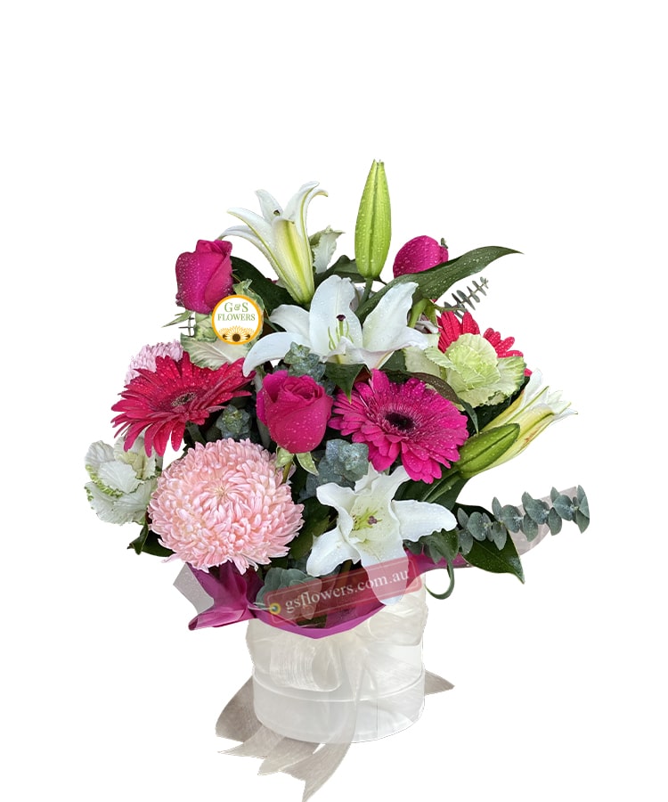 Hot Pink Mixed Flowers - White Box White Ribbon - Floral design