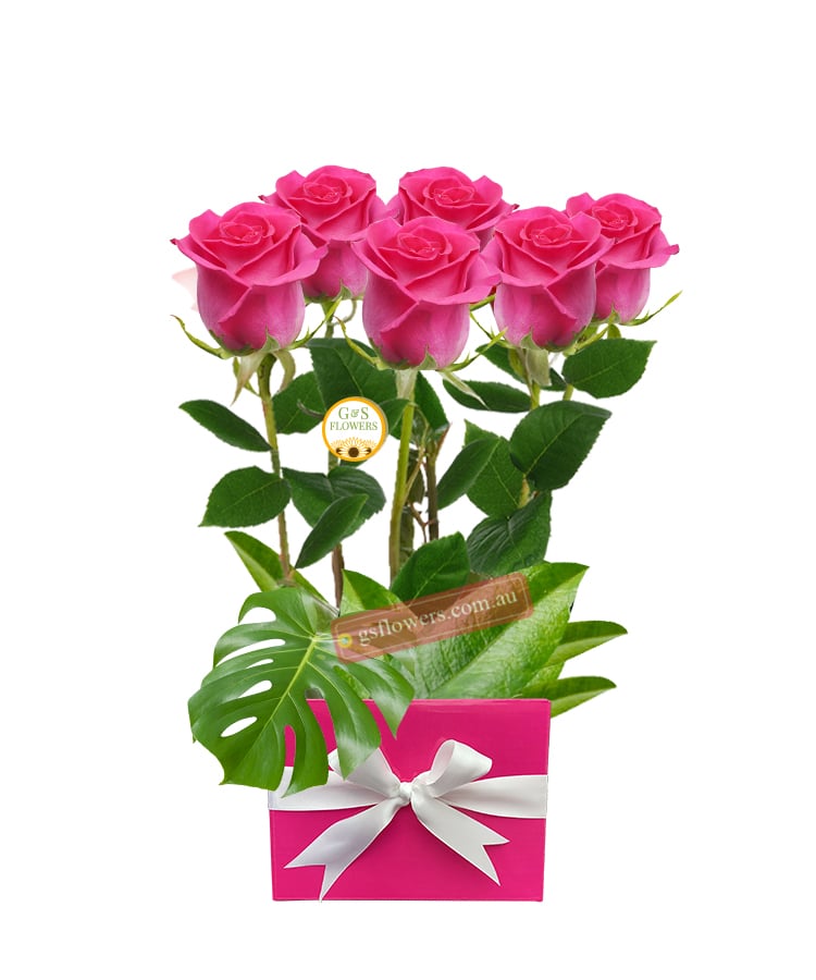 6 Beautiful Pink Roses - Pink Box White Ribbon - Floral design