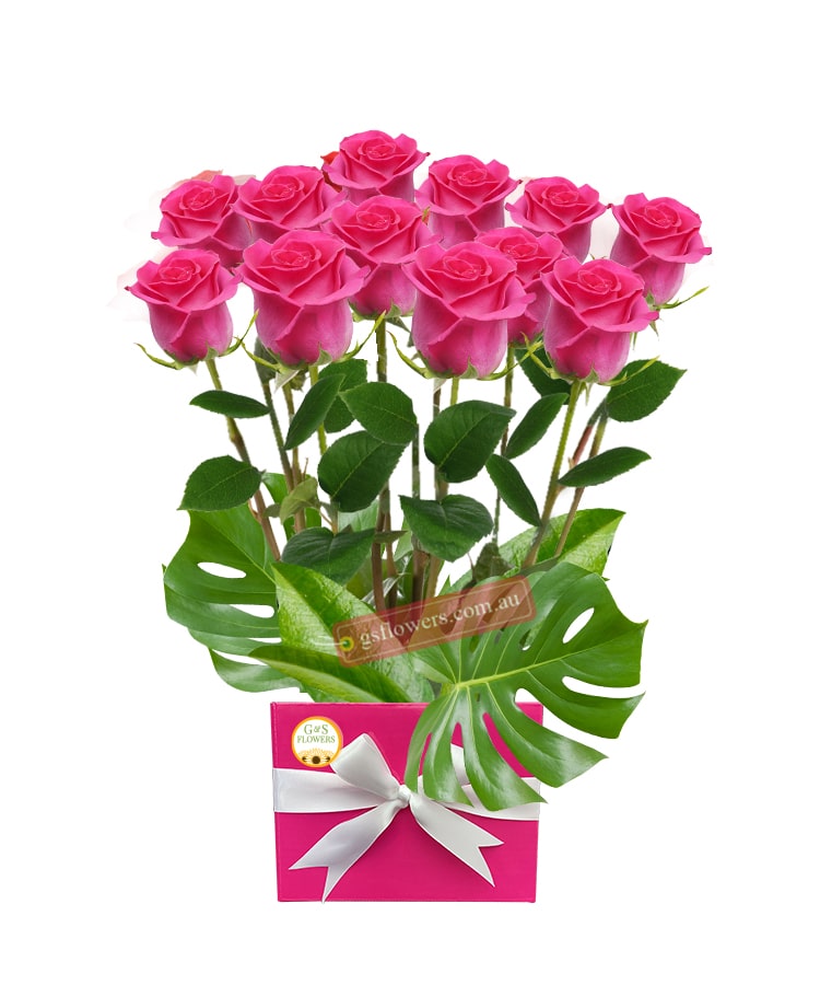 12 Forever Pink Roses - Pink Box White Ribbon - Floral design