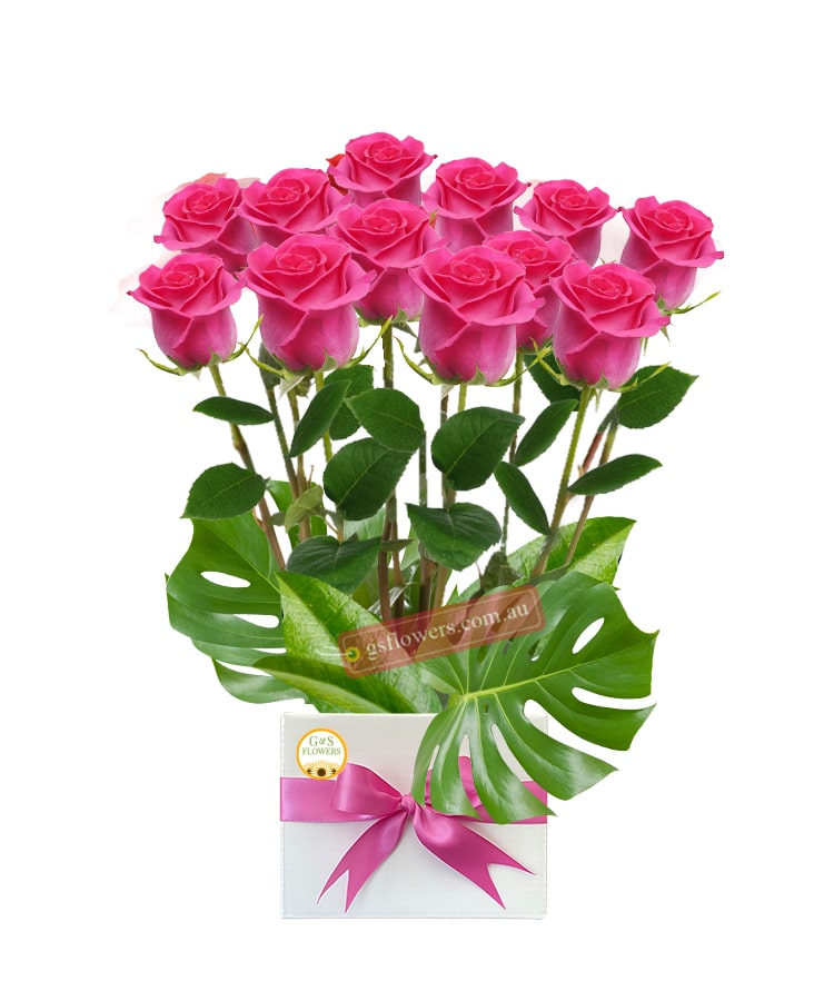 12 Forever Pink Roses - White Box Pink Ribbon - Floral design