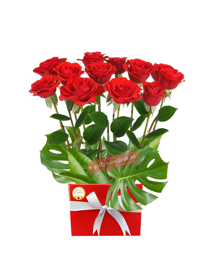 12 Forever Red Roses - White Box Orange Ribbon - Floral design