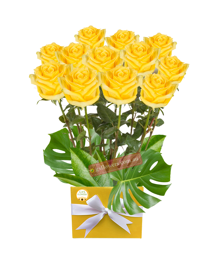 12 Long Stems Yellow Roses - White Box Yellow Ribbon - Floral design