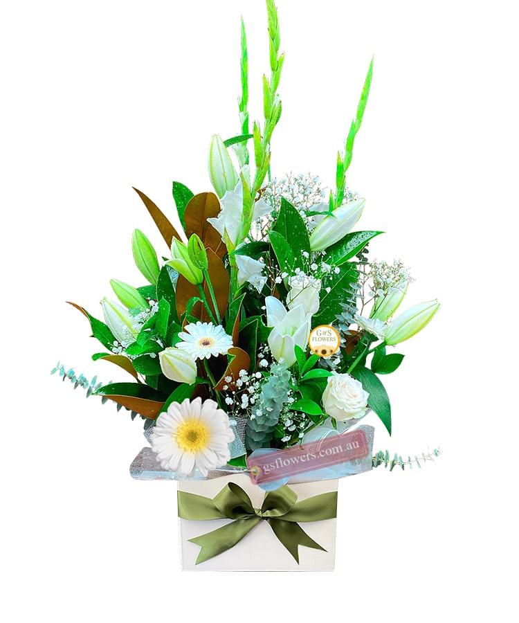 In My Prayers Sympathy Flowers - White Box Green Ribbon - Floral design