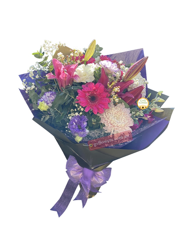 Peaceful Tribute Sympathy Flowers Bouquet - Wrapped Purple Ribbon - Floral design