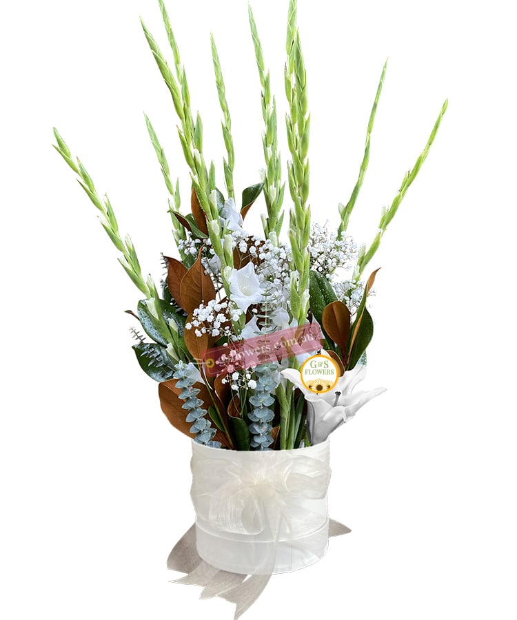Heavens Light Sympathy Flowers - Green Box White Ribbon - Floral design