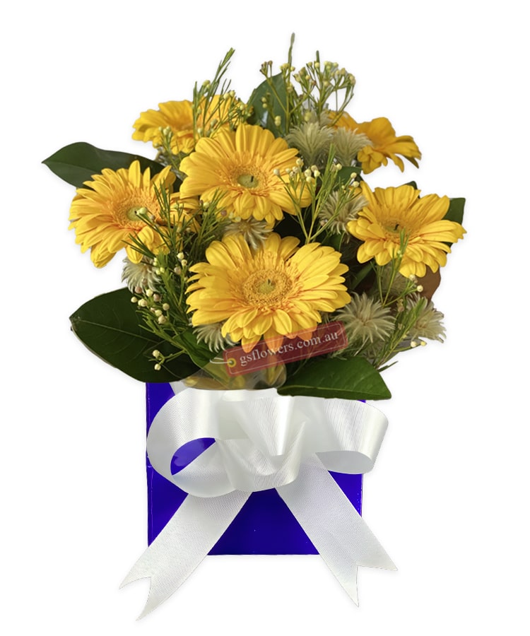 Warm Thought Yellow Gerberas - Blue Box Gold Ribbon - Floral design