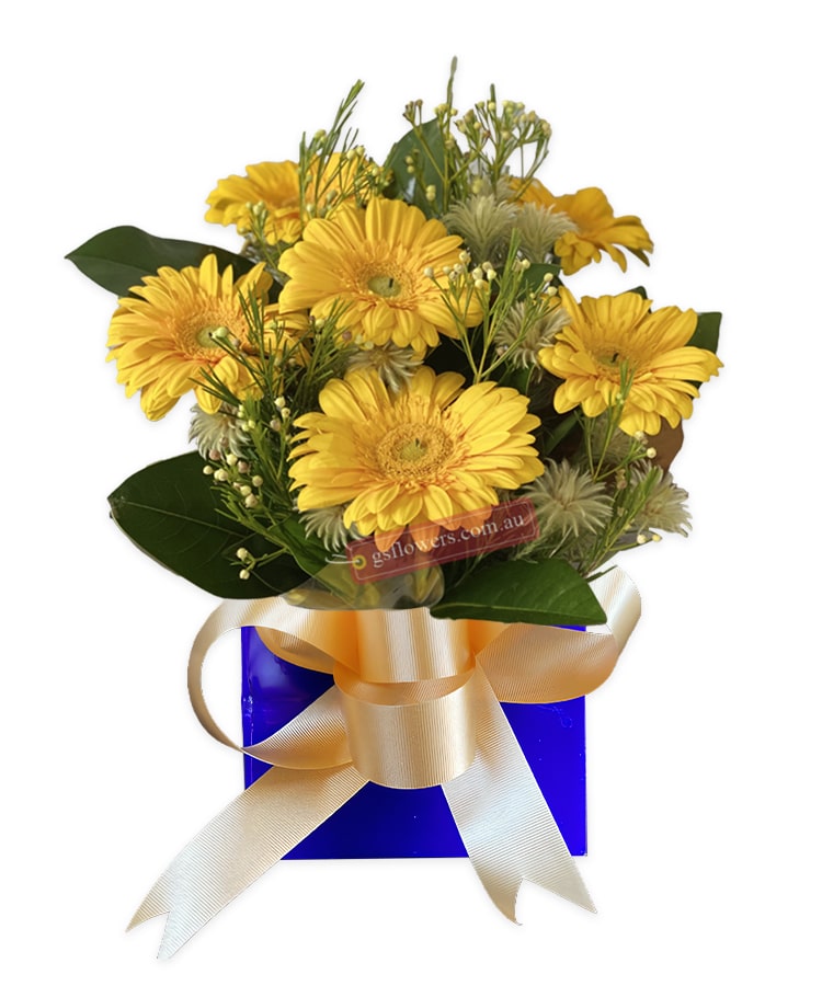 Love and laughter yellow daisy - Blue Box Gold Ribbon - Floral design