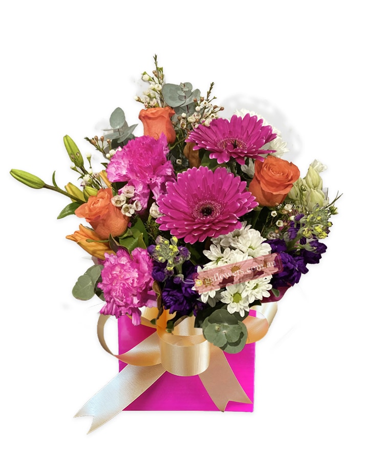Colour Me Beautiful Fresh Flowers - Pink Box Gold Ribbon - Floral design